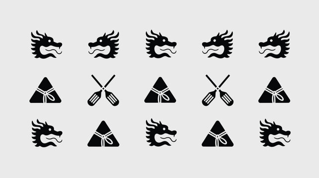 Collection of dragon heads and rice dumpling icons for traditional chinese festivals.