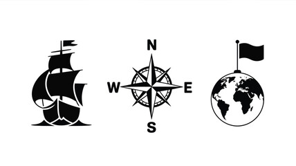 Nautical theme icon set with ship, compass rose, and globe with flag on top on white background. © Parthokumar