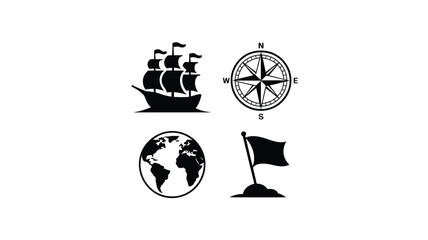 Nautical icons including sailing ship, compass, globe, and flag in black and white on white background. © Parthokumar