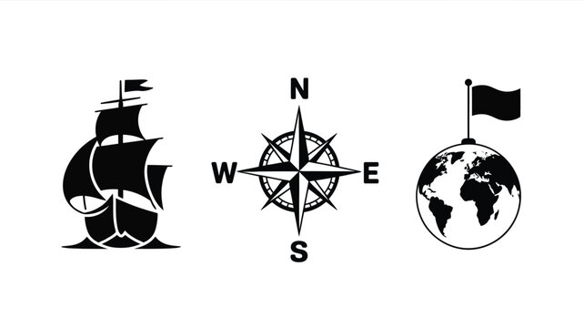 Nautical theme icon set with ship, compass rose, and globe with flag on top on white background.