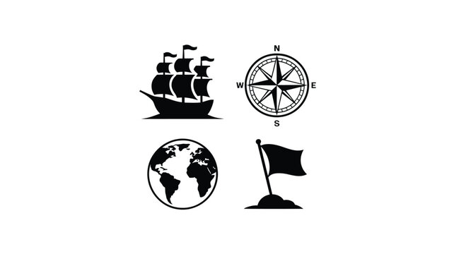 Nautical icons including sailing ship, compass, globe, and flag in black and white on white background.