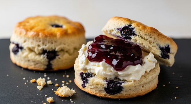 Delicious Blueberry Scones with Cream and Jam on a Plate.