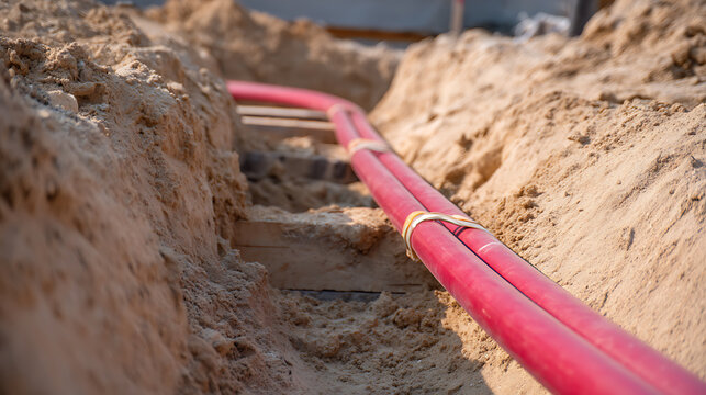 Underground electrical conduit install, two red plastic pipes lay in a construction trench, ready for wires, focus on modern infrastructure development