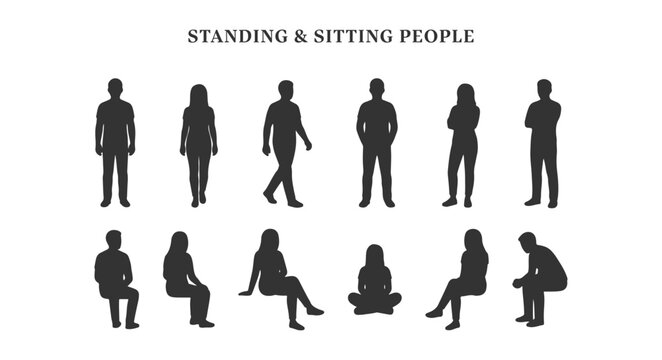Architectural Scale Figures of Standing and Sitting People Silhouettes, Diverse Men and Women Black Vector Shapes Elevation CAD Blocks Set for Section Drawings and Renderings