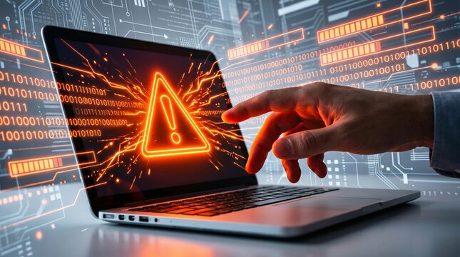 Cybersecurity attack alert with computer code and warning sign glowing on laptop screen cybersecurity security computer software internet technology information