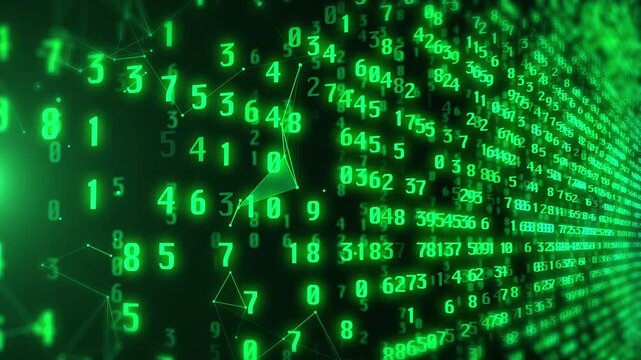 Cyber Security Binary Code Green Background with Moving Digits. Concept of Digital Age, Algorithm, Data Code, and Random Digital Data Matrix Number Space for Tech Motion Background. 4K Quality.