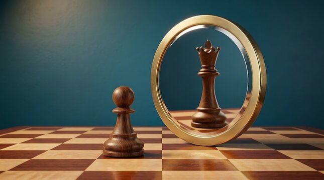 Chess pawn looking in mirror see king reflection, ambition and potential for growth in business strategy and personal development.
