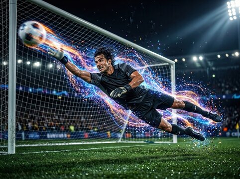 A dynamic soccer goalkeeper diving to make a spectacular save, showcasing skill and athleticism under stadium lights.