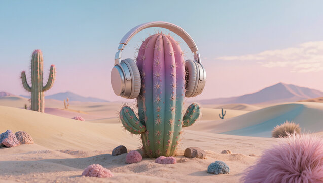Cactus wearing silver headphones stands in a colorful desert landscape with pink and purple hues, surrounded by small rocks and fluffy plants under a clear sky