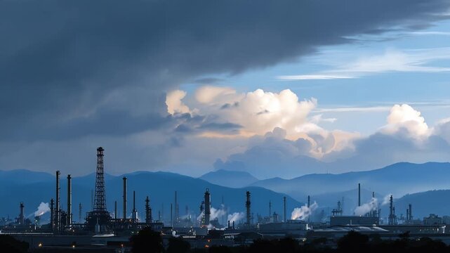Industrial Landscape under Cloudy Skies: A View of Refineries and Smokestacks Against a Backdrop of Mountains and Dramatic Weather Patterns