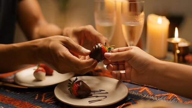 Hands Sharing Chocolate Covered Strawberry at Candlelit Dinner