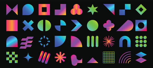 Obraz premium Mega collection of abstract geometric shapes with vibrant neon gradient textures isolated on black background for modern graphic design assets