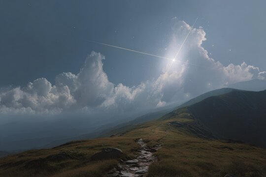 Mountain path with distant luminous waypoint and dramatic clouds for scenic background poster and adventure banner design