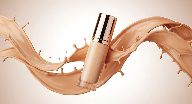 Creamy liquid foundation bottle with a captivating cosmetic beauty splash