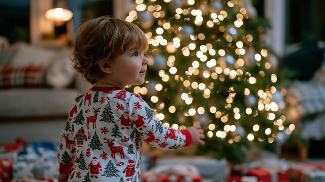 Toddler in footie pajamas standing in awe before a glowing Christmas tree in a modest living room at early morning, small hand reaching toward a low ornament, tree reflection in wide eyes, scattered