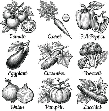 Vintage illustrations of assorted vegetables including tomato, carrot  