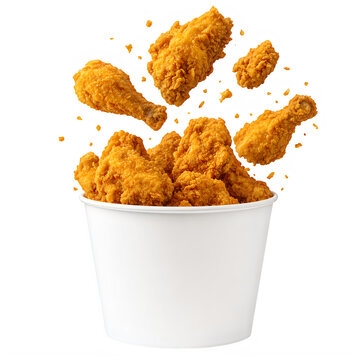 Fried chicken pieces flying into a white bucket isolated on transparent background