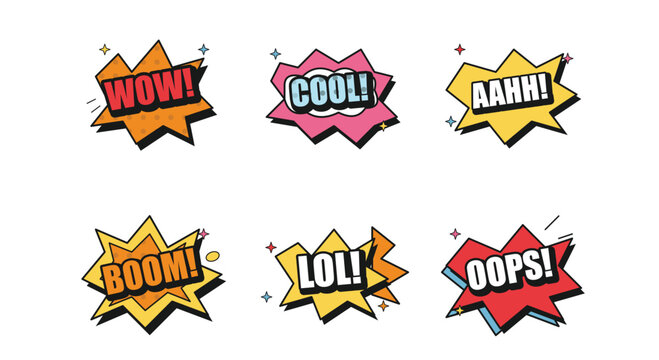 Set of pop art comic speech bubble stickers with cartoon expressions wow cool ahhh boom lol oops text sound effects