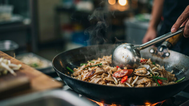 Koch bereitet gebratene Mee Goreng Nudeln im Wok zu