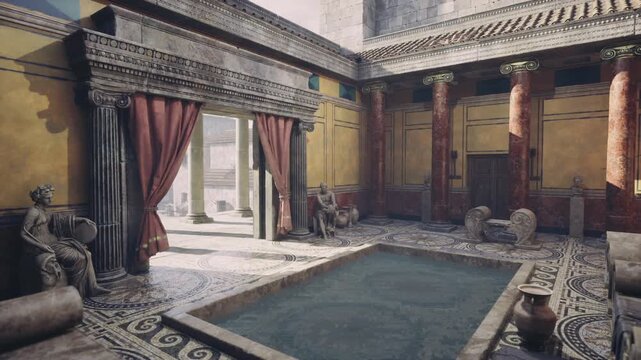 Intimate peristyle courtyard with pool, mosaic floor and sculpted seating, heavy drapery framing sky, layered textures, quiet luxury and historic leisure