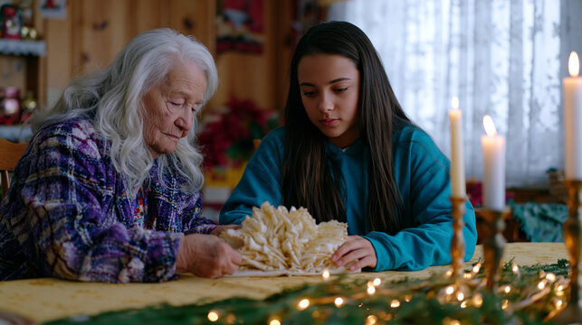 Grandmother teaching teenage granddaughter to fold napkins in an intricate holiday pattern at a long dining table, candlesticks already positioned, tablecloth smoothed, quiet tutorial between genera