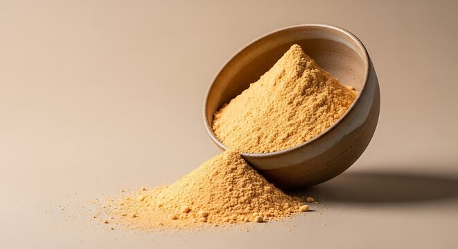 Yellow turmeric powder spilling out of a small ceramic bowl on a table. lucuma powder bowl