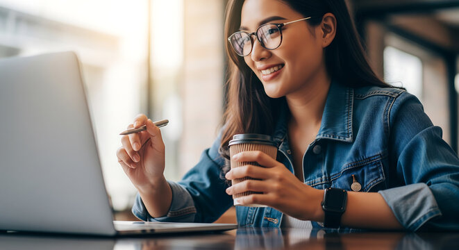 Smiling young woman with glasses holding a takeaway coffee cup and pen, working on a laptop in a sunlit cafe, perfect for remote work promotions, freelance lifestyle blogs and hybrid work resources.