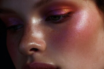 Naklejka premium Close-up metallic pink and orange editorial makeup on model face for beauty background and cosmetic banner design