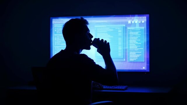 Man eating while coding late night programmer working at computer screen blue light focus and concentration