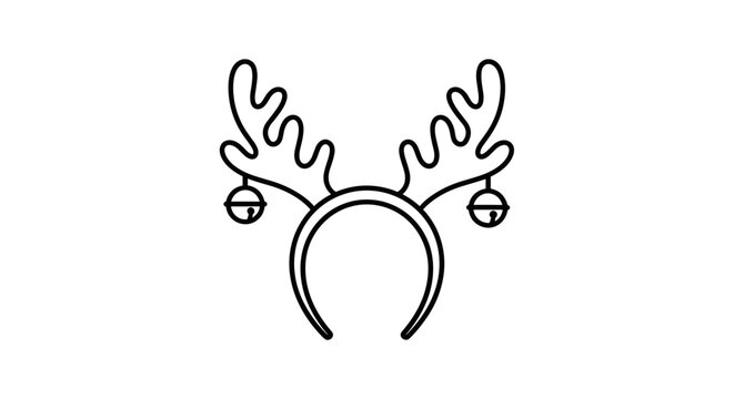 Minimalist black and white illustration of a reindeer antlers headband with jingle bells, simple line art design on a plain white background