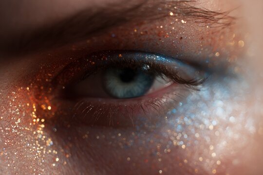 Close macro eyelid detail with orange micro glitter and blue shimmer for beauty background and makeup banner
