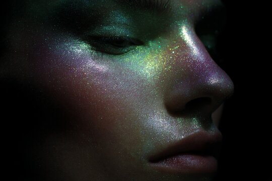Iridescent neon green radiant glitter makeup on model face for dramatic beauty poster and experimental background design