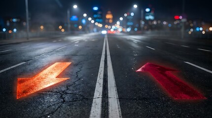 Obraz premium Two glowing arrows on wet asphalt road indicating left and right choices in front of blurred city lights at night symbolizing decision making and crossroads.