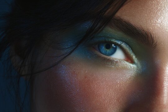 Glowy inner eye corners and nose highlight close-up with green and blue metallic shadow for dramatic beauty editorial and makeup design