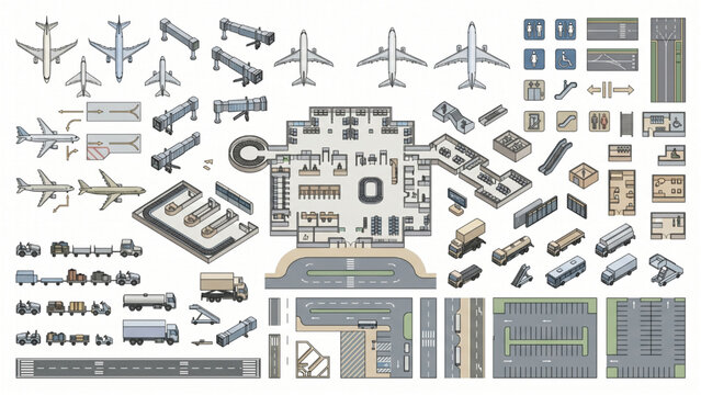 Top View Airport Terminal CAD Symbols Vector Set &ndash; Aviation Planning Elements, Runway Infrastructure Technical Line Art Isolated on White Background