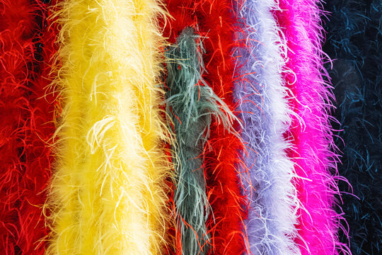 Colorful feather boas hanging, showing a rainbow of vibrant textures, perfect for festive, costume, and decorative themes