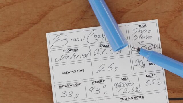 Filled coffee data card with pen macro details