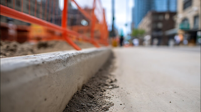 New curb installation alongside a blurred city street with orange construction barriers, highlighting urban development and ongoing infrastructure work