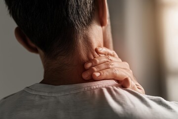 Fototapeta premium A person experiencing neck pain, illustrating the impact of stress on physical well-being and relaxation.