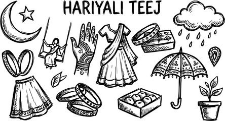 Obraz premium Hariyali Teej Indian Festival Hand-Drawn Doodle Line Art Set with Traditional Symbols, Cultural Celebration Elements