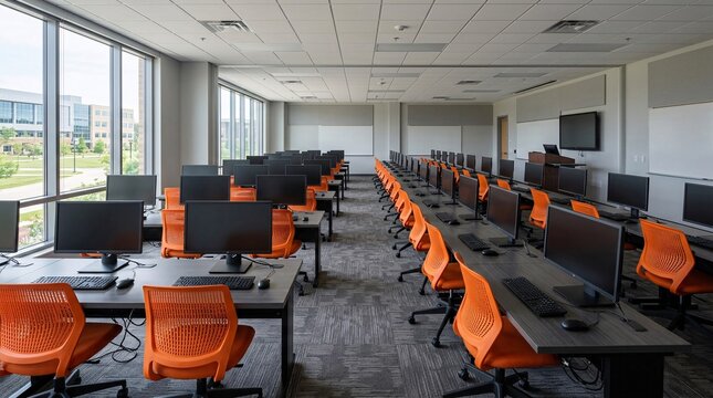 Computer training lab filled with rows of black monitors on desks features vibrant orange ergonomic chairs safely tucked underneath.