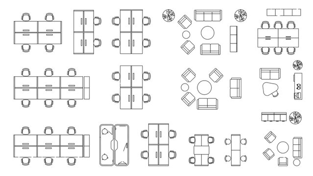 Top View Future Office Furniture Architectural CAD Blocks Vector Set &ndash; Hybrid Workspace Planning, Modern Corporate Interior Layout Elements Isolated on White
