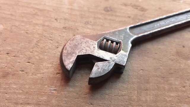 Old adjustable wrench lying on wooden workbench surface