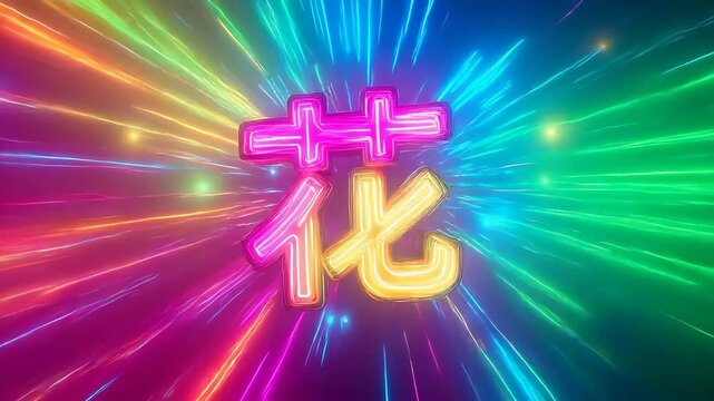 Vibrant Neon Chinese Characters '��' and '+' with Dynamic Rainbow Light Effects