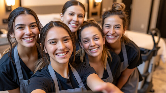 Close-up selfie of a cheerful team of young female hotel housekeepers in uniforms smiling in a guest room, hospitality and teamwork concept, AI generated