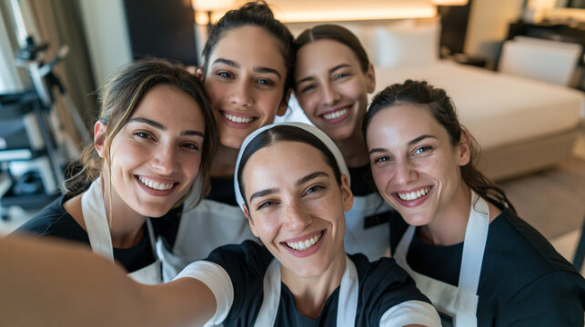 Gros plan d'un selfie d'une &eacute;quipe joyeuse de jeunes femmes de chambre en uniforme souriant dans une chambre d'h&ocirc;tel, concept d'h&ocirc;tellerie et de teambuilding, g&eacute;n&eacute;r&eacute; par IA