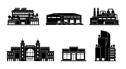 Obraz premium Industrial Factory, Modern Office, and Commercial Building Icons