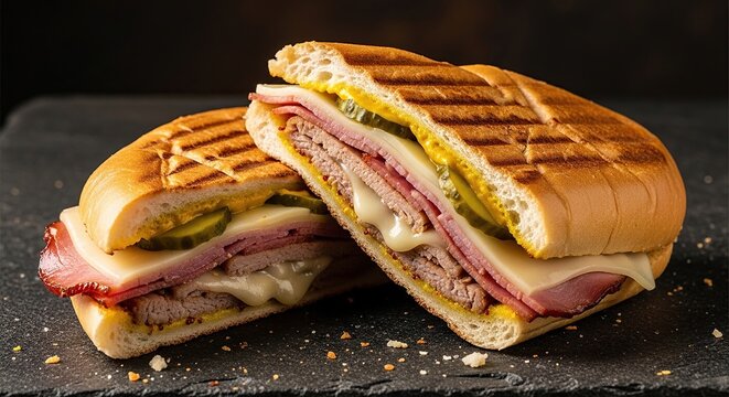 Delicious Cuban Sandwich with Ham, Cheese, and Pickles.