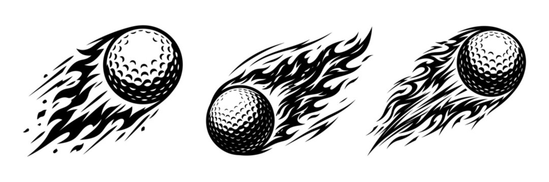 Golf ball with flames silhouette vector graphic on white background.