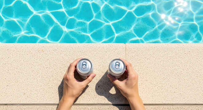Two hands holding aluminum beverage cans above a swimming pool with clear blue water and textured stone coping